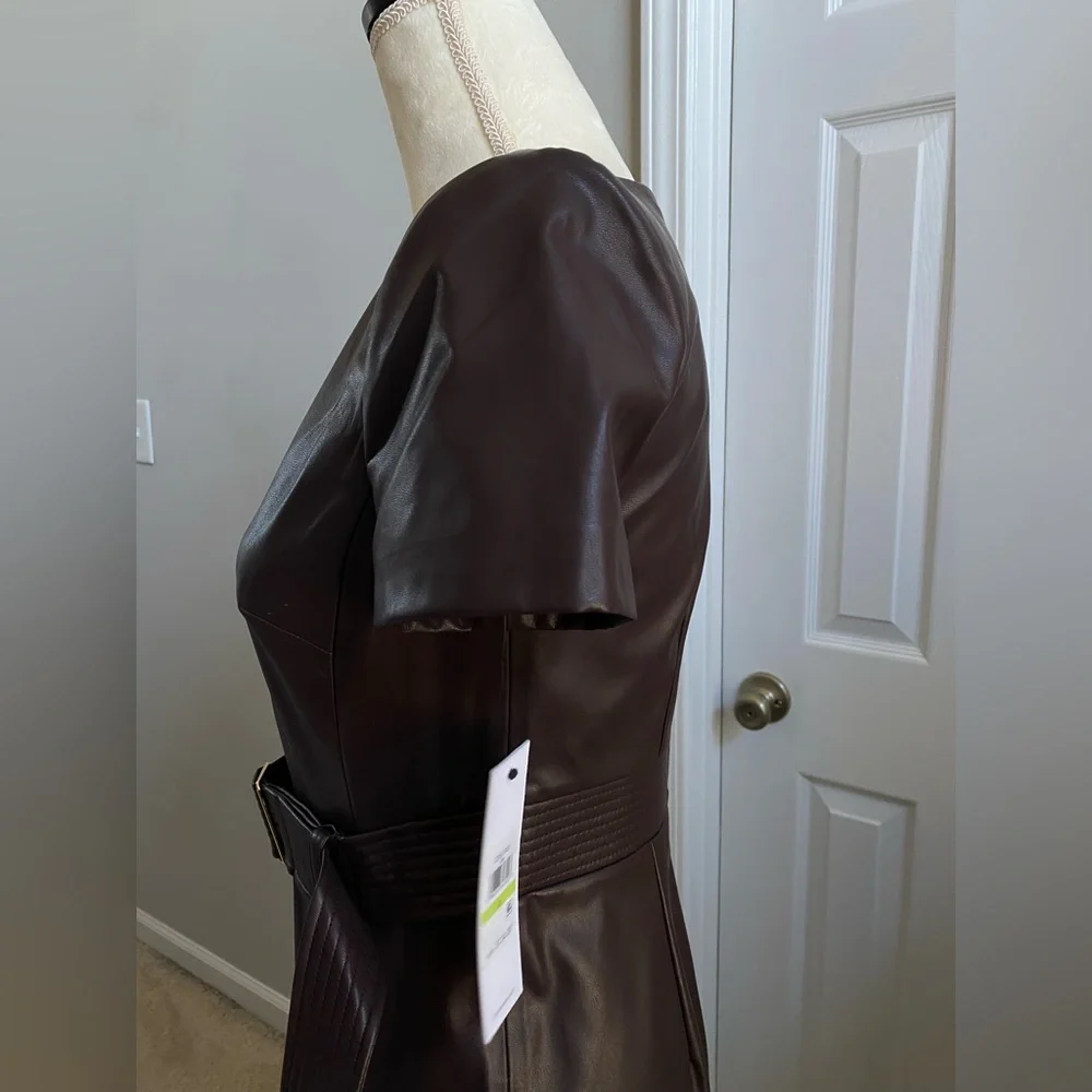 NWT Calvin Klein Belted Faux Leather Sheath Dress - Espresso Brown - Picture 11 of 16